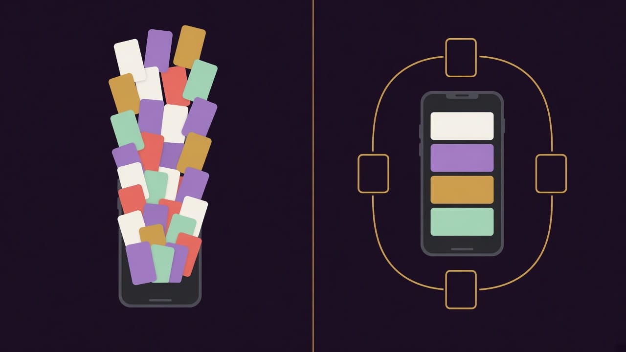 Left: a phone buried under every feed card it has ever shown. Right: the same phone holding four cards, with four empty card outlines circulating around it.