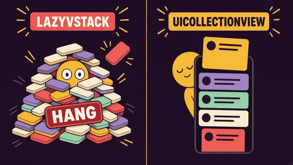 LazyVStack keeps every card until the pile lands on them and hangs. UICollectionView keeps a window of cards and lets one slide out as another slides in.
